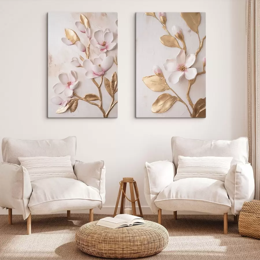 Tablouri Flori de magnolie de un roz delicat, cu textură, cu accente galbene m30848