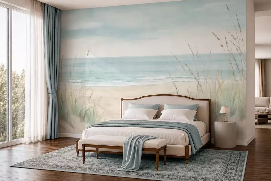 fototapet Nisip cu cochilii, o plajă liniștită și iarbă în nuanțe delicate de pastel w05821