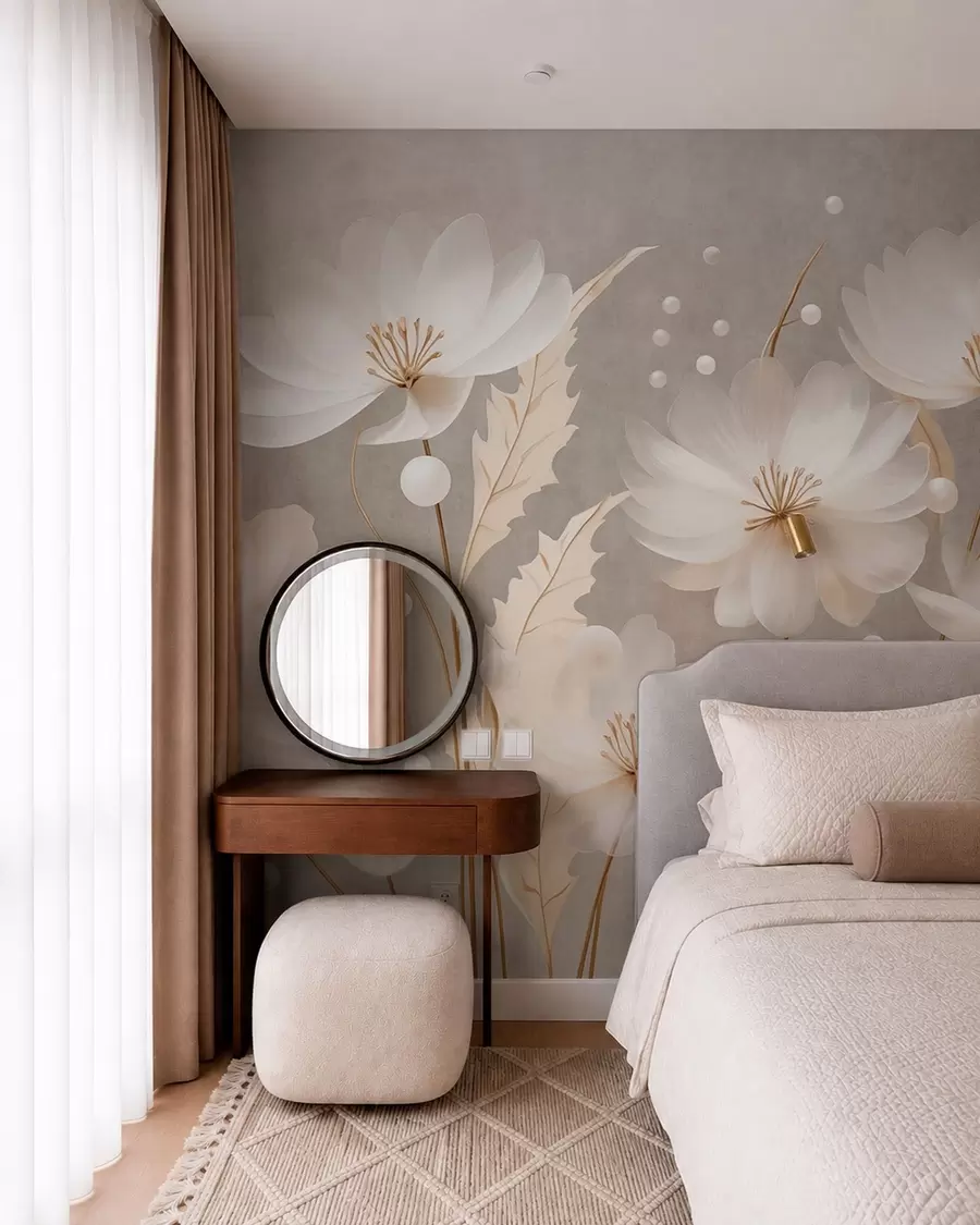 fototapet Flori mari, albe, cu frunze decorative pe un fundal gri w05857