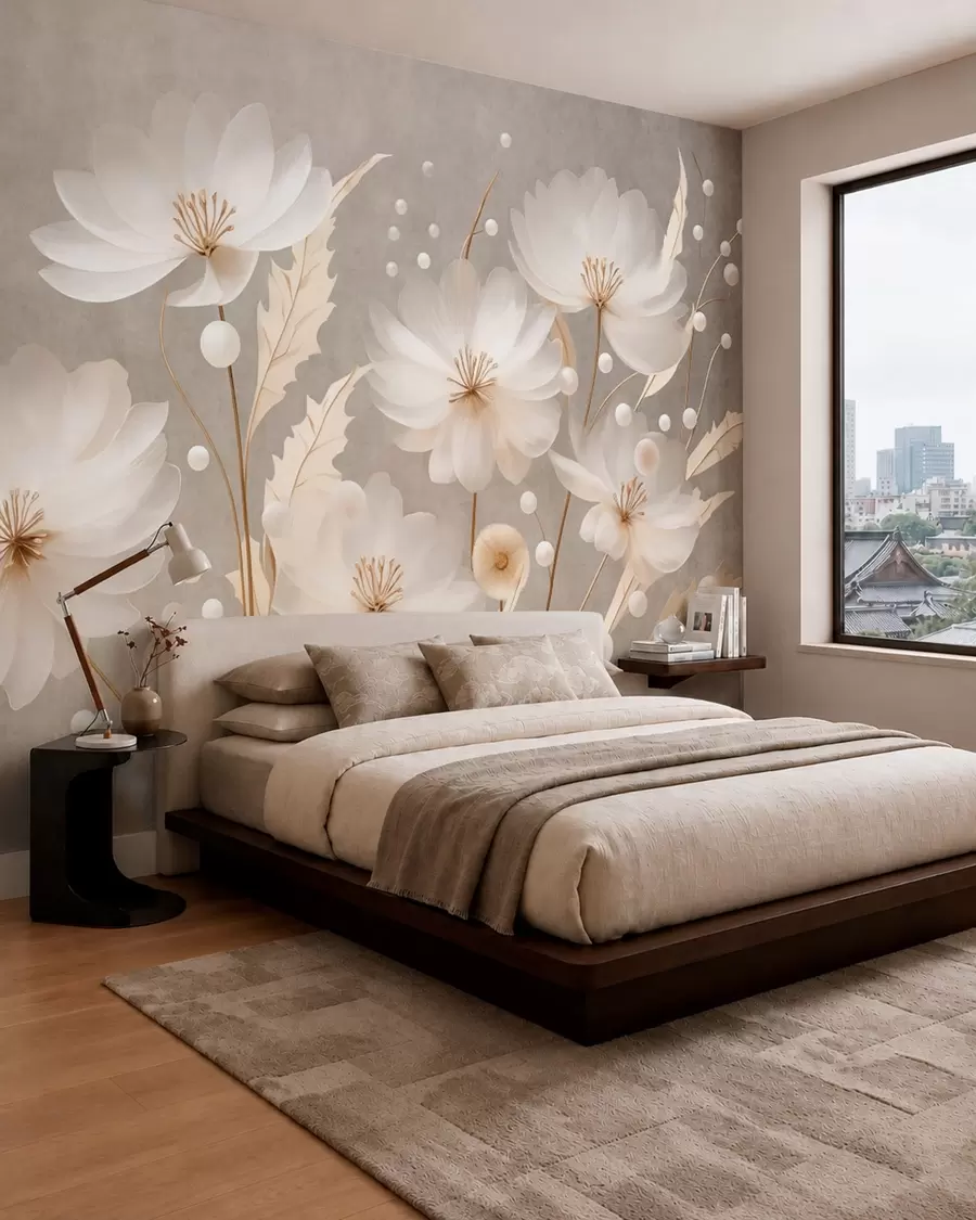 fototapet Flori mari, albe, cu frunze decorative pe un fundal gri w05857