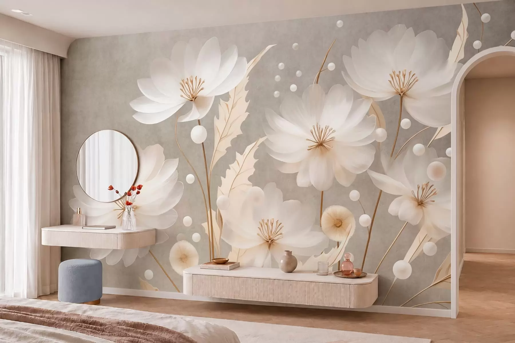 fototapet Flori mari, albe, cu frunze decorative pe un fundal gri w05857