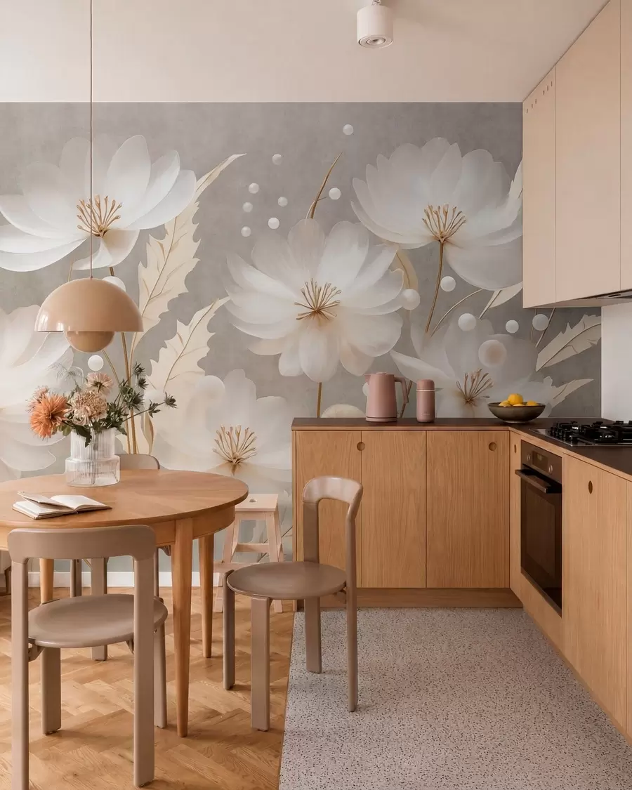 fototapet Flori mari, albe, cu frunze decorative pe un fundal gri w05857