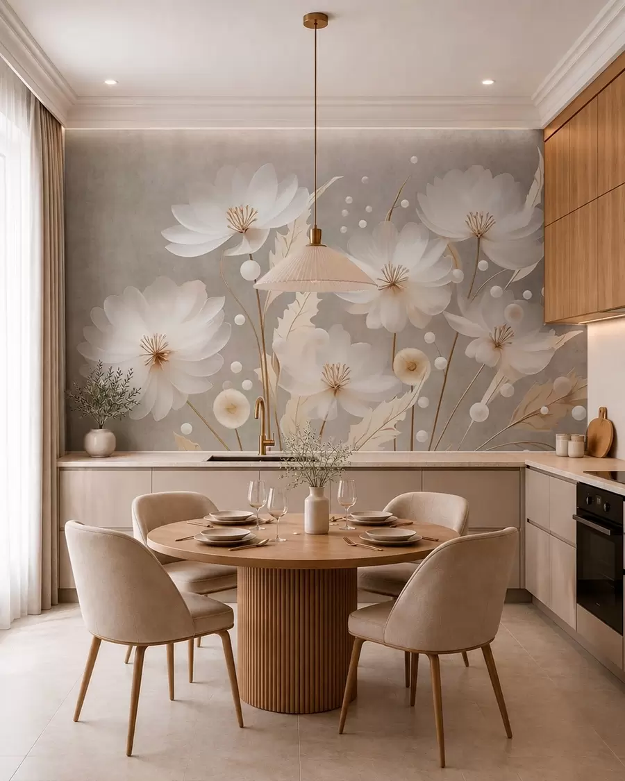 fototapet Flori mari, albe, cu frunze decorative pe un fundal gri w05857