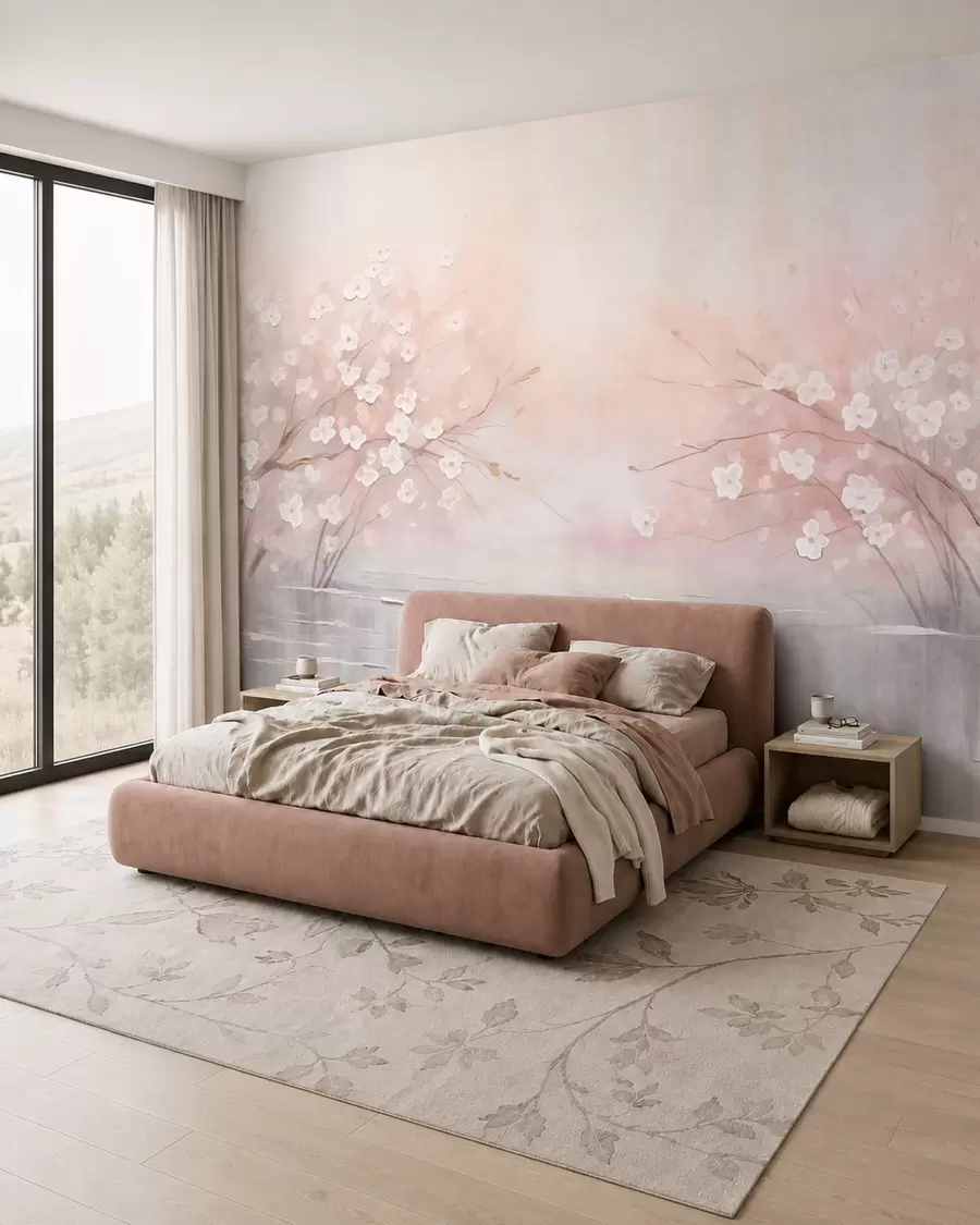 fototapet Ramuri înflorite deasupra apei liniștite, în nuanțe delicate de roz w05858