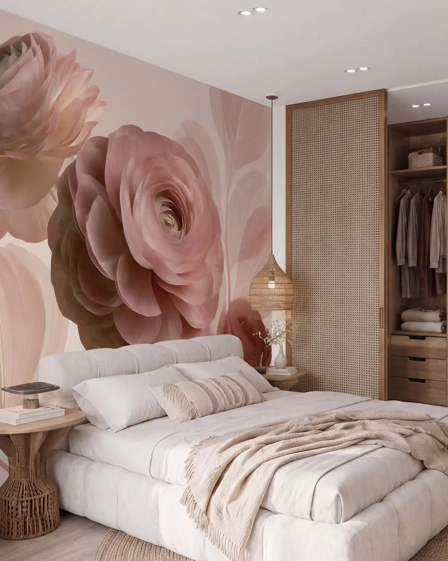 fototapet Flori voluminoase de ranunculus de culoare roz pudră, cu petale translucide în nuanțe delicate de roz și bej w09998