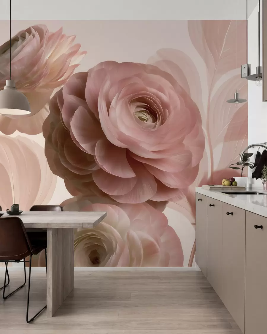 fototapet Flori voluminoase de ranunculus de culoare roz pudră, cu petale translucide în nuanțe delicate de roz și bej w09998