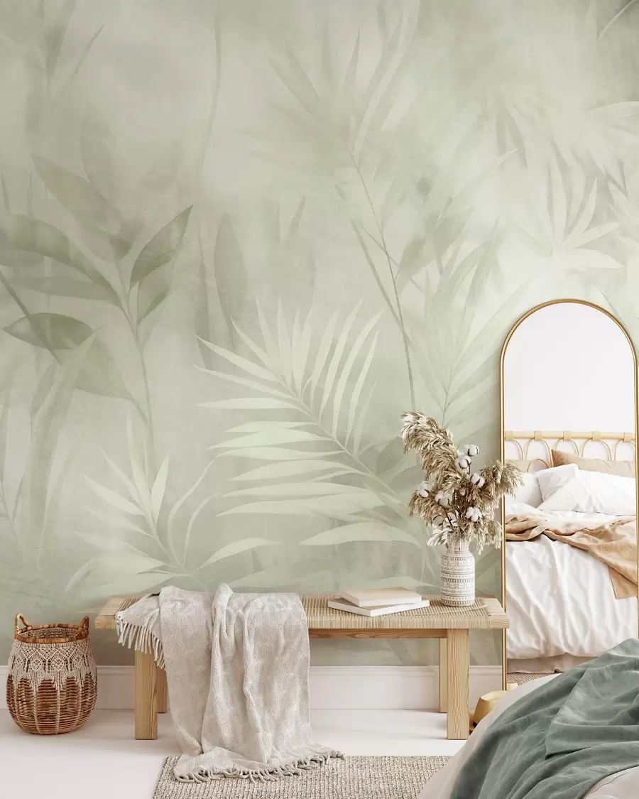 fototapet Frunze de palmier în nuanțe discrete de verde, pe un fundal delicat, junglă tropicală w10023v1