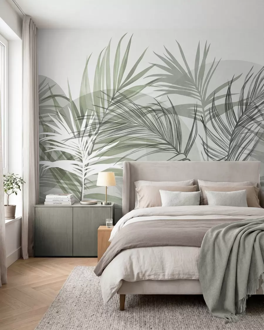 fototapet Frunze de palmier în nuanțe neutre de verde și gri, cu forme abstracte w10025v2
