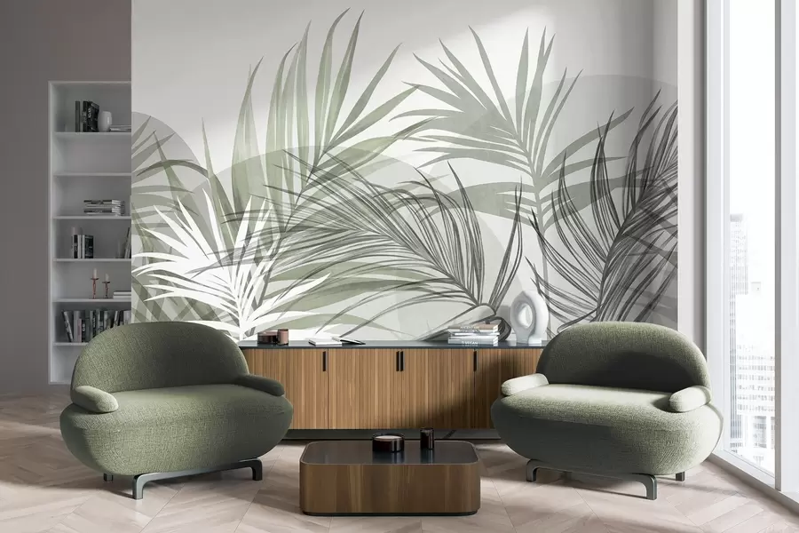 fototapet Frunze de palmier în nuanțe neutre de verde și gri, cu forme abstracte w10025v2