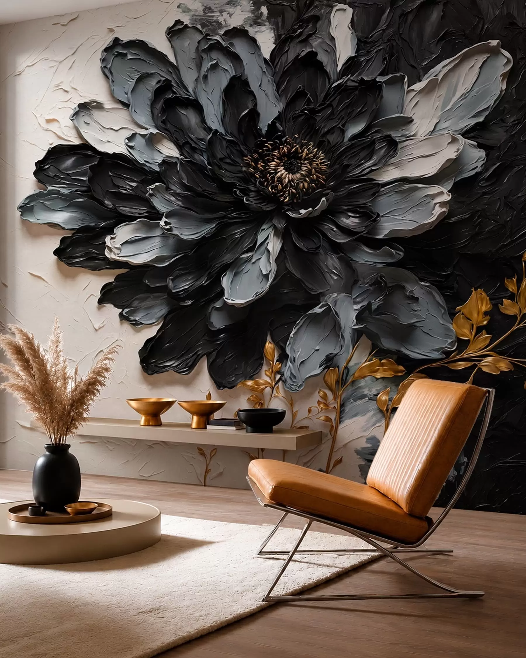 fototapet Floare texturată, neagră și gri, cu ramuri decorative w05883