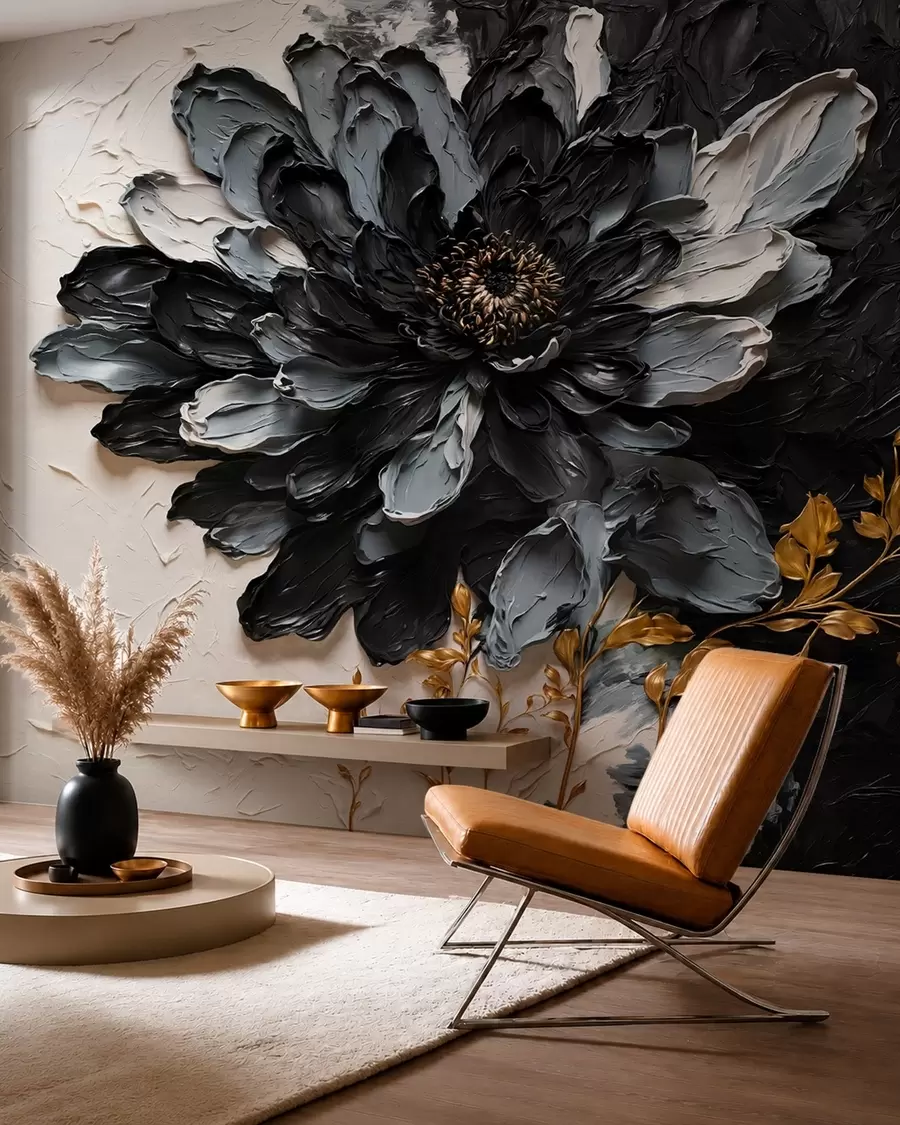 fototapet Floare texturată, neagră și gri, cu ramuri decorative w05883
