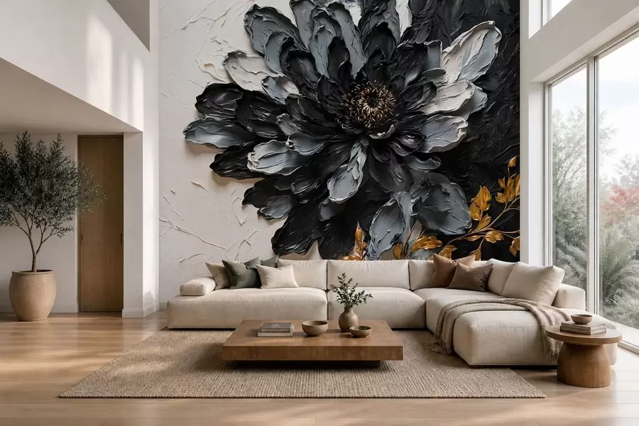 fototapet Floare texturată, neagră și gri, cu ramuri decorative w05883