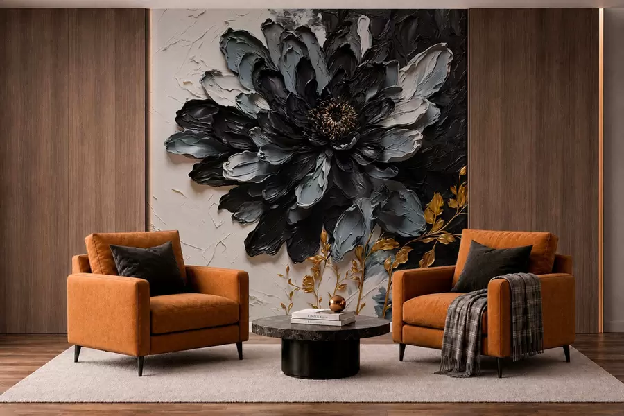 fototapet Floare texturată, neagră și gri, cu ramuri decorative w05883