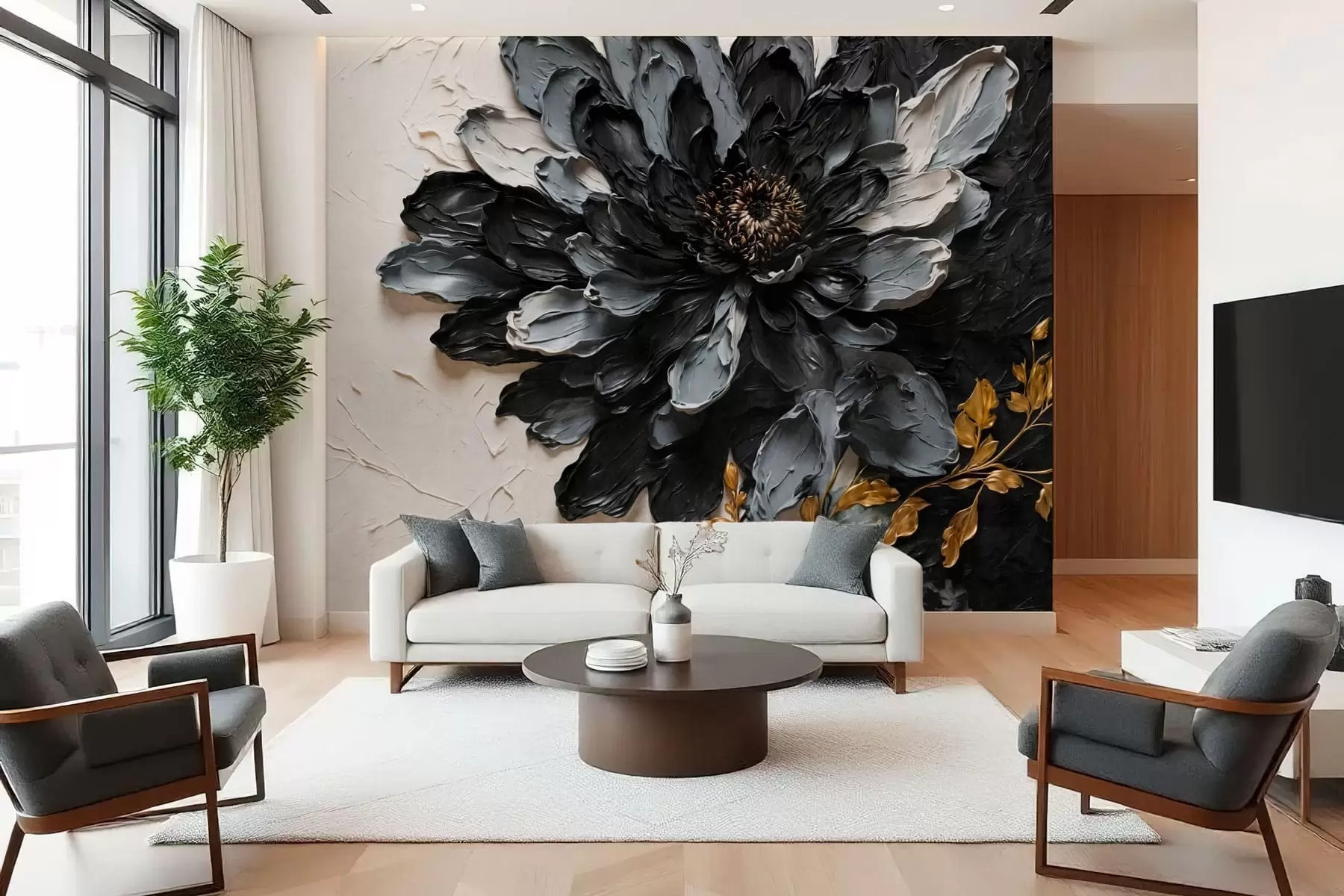 fototapet Floare texturată, neagră și gri, cu ramuri decorative w05883