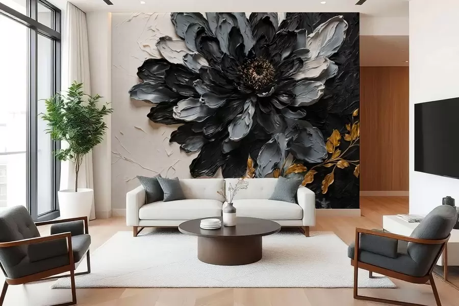 fototapet Floare texturată, neagră și gri, cu ramuri decorative w05883