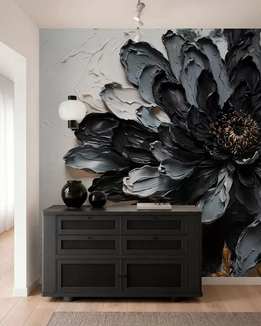 fototapet Floare texturată, neagră și gri, cu ramuri decorative w05883