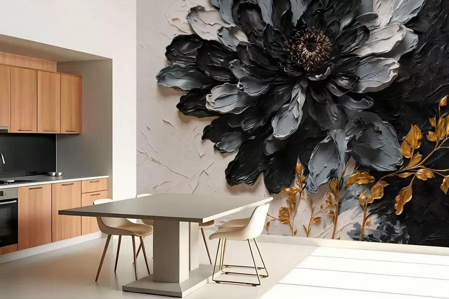 fototapet Floare texturată, neagră și gri, cu ramuri decorative w05883