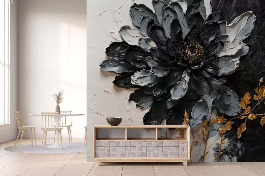 fototapet Floare texturată, neagră și gri, cu ramuri decorative w05883