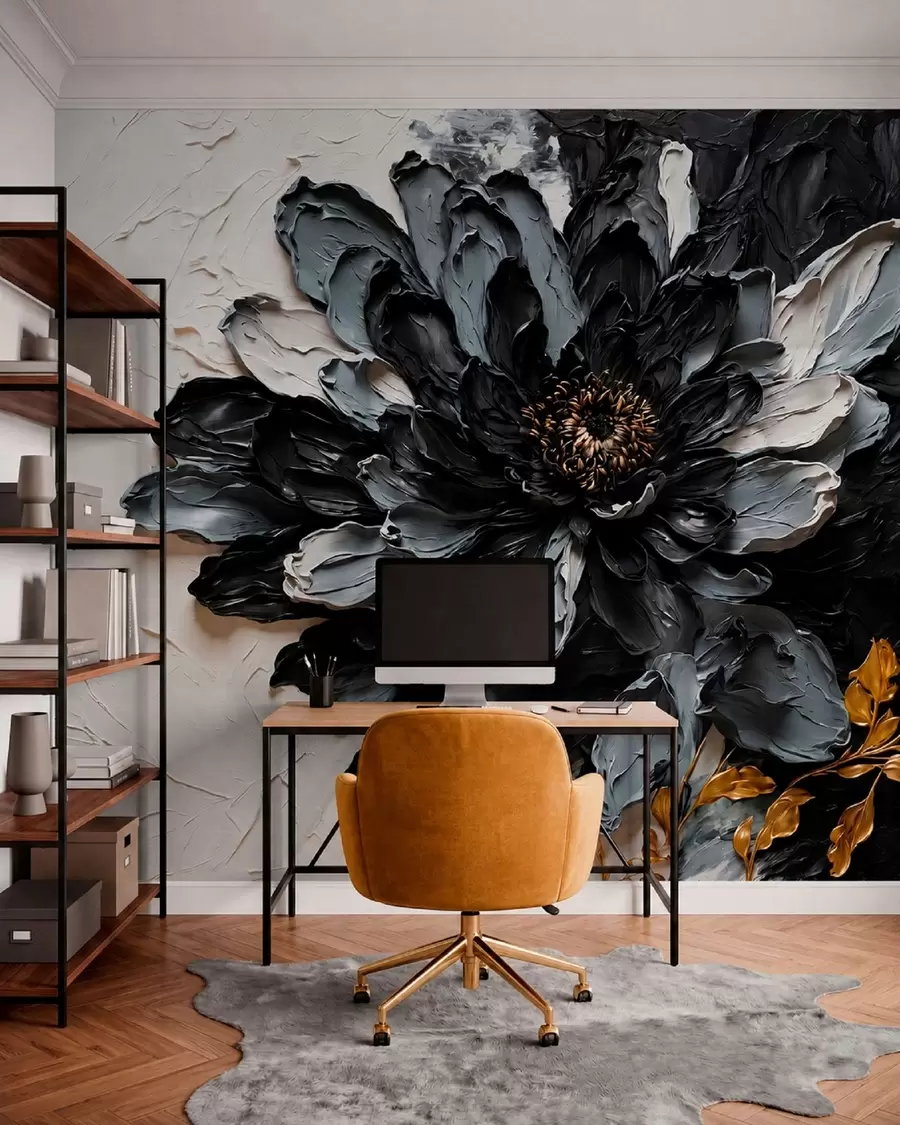 fototapet Floare texturată, neagră și gri, cu ramuri decorative w05883