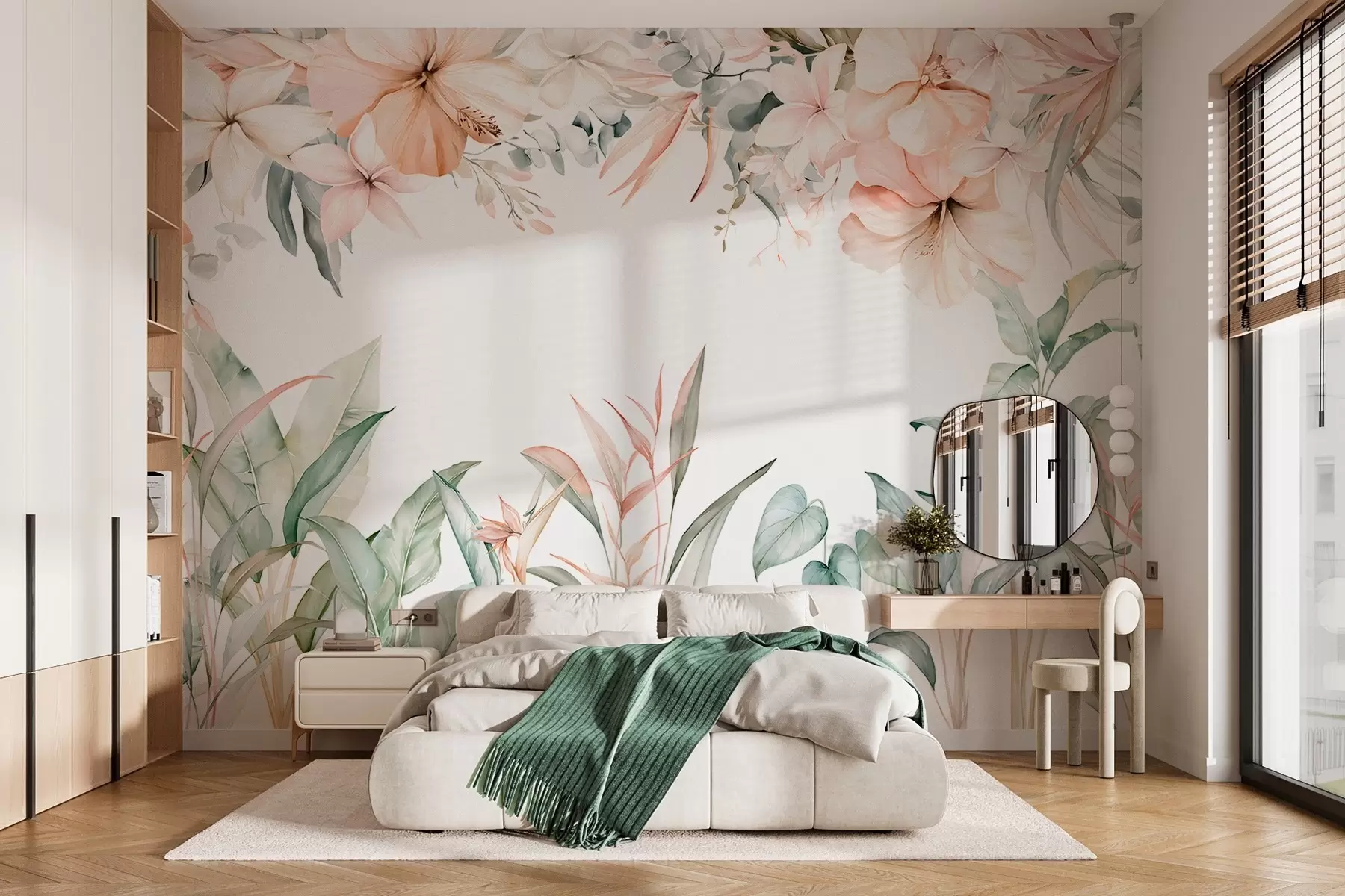 fototapet O compoziție tropicală de flori și plante în stil acuarelă, în nuanțe delicate w05870