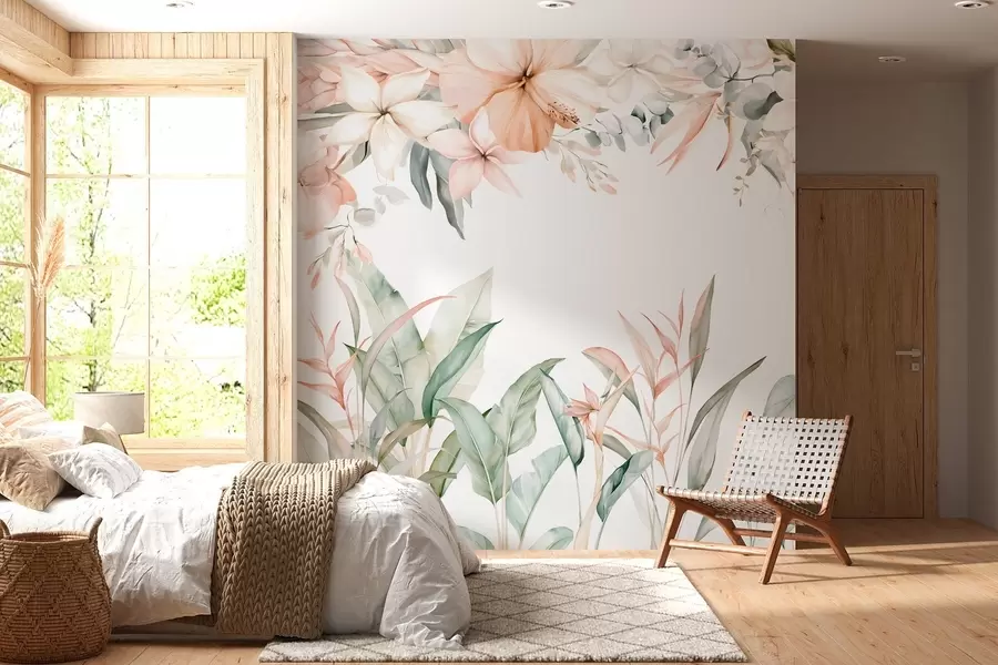 fototapet O compoziție tropicală de flori și plante în stil acuarelă, în nuanțe delicate w05870