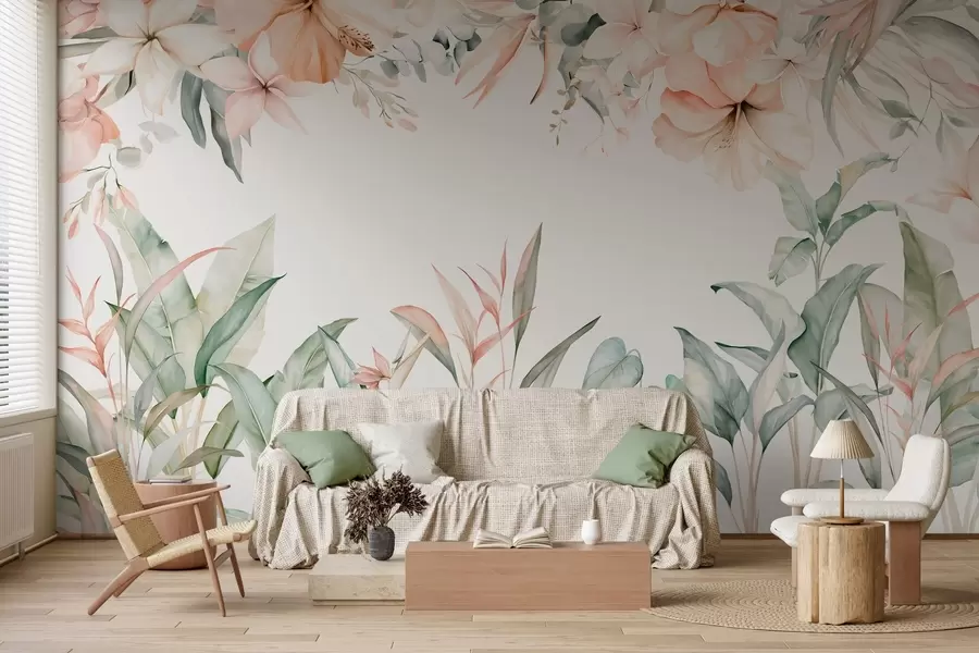 fototapet O compoziție tropicală de flori și plante în stil acuarelă, în nuanțe delicate w05870