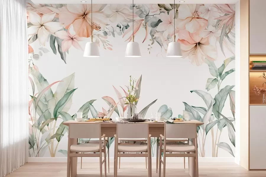 fototapet O compoziție tropicală de flori și plante în stil acuarelă, în nuanțe delicate w05870