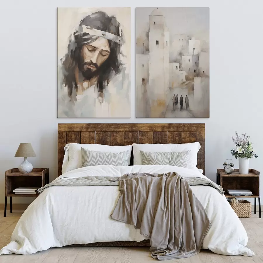 Tablouri Iisus și un oraș abstract din antichitate, pictură în stil imitație m30909