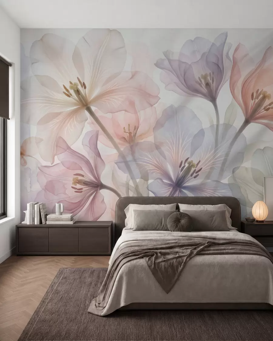 fototapet Flori delicate și transparente, în nuanțe pastelate, în stil acuarelă w09999