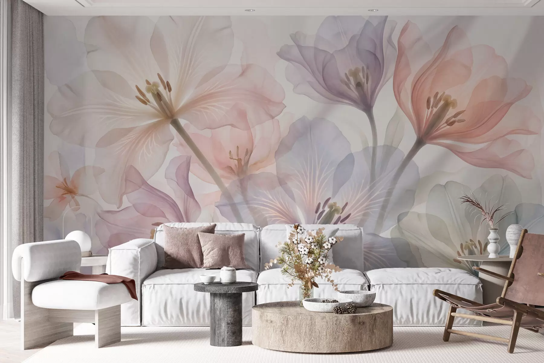 fototapet Flori delicate și transparente, în nuanțe pastelate, în stil acuarelă w09999