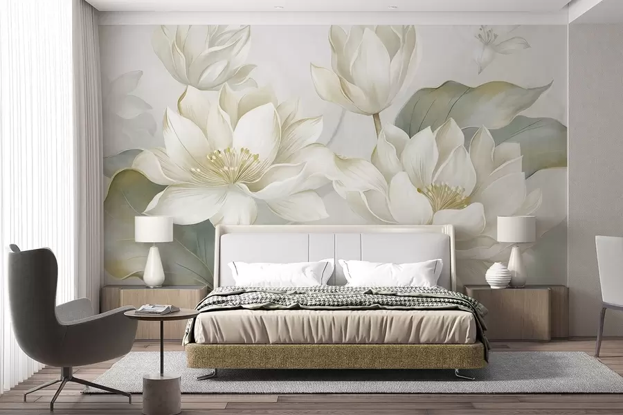 fototapet Flori de lotus cu textură, cu petale delicate și frunze mari, de un verde stins w10027