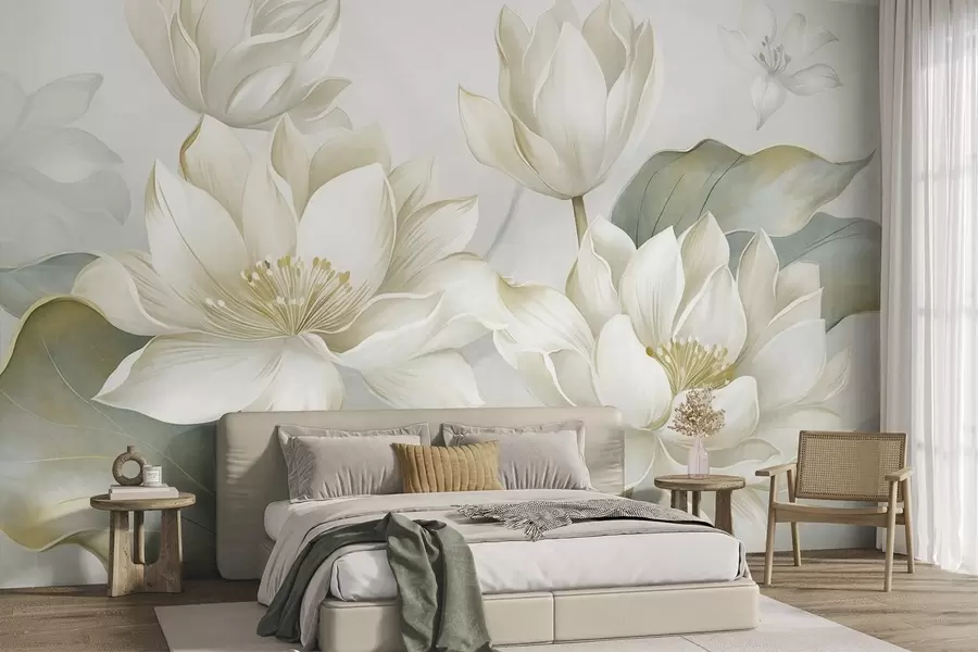 fototapet Flori de lotus cu textură, cu petale delicate și frunze mari, de un verde stins w10027