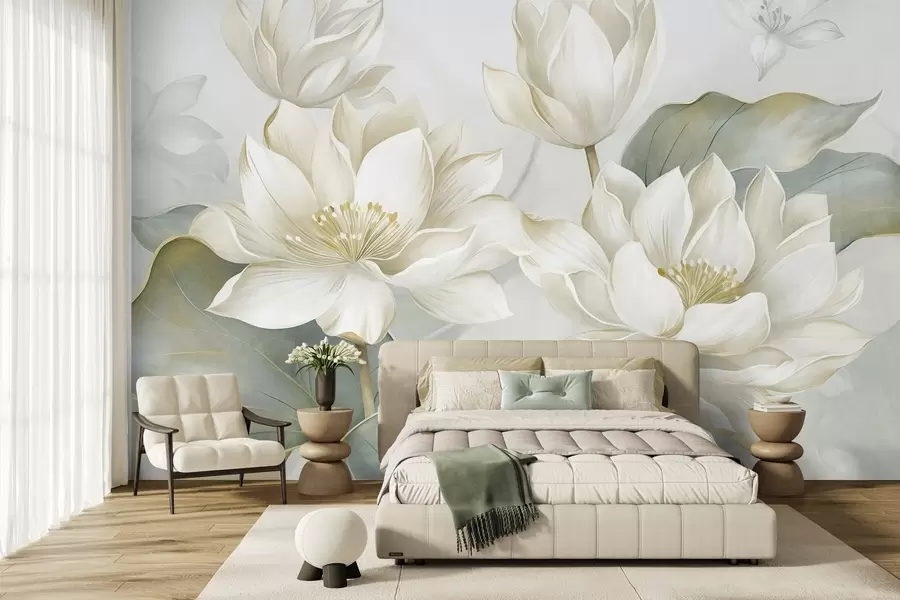 fototapet Flori de lotus cu textură, cu petale delicate și frunze mari, de un verde stins w10027