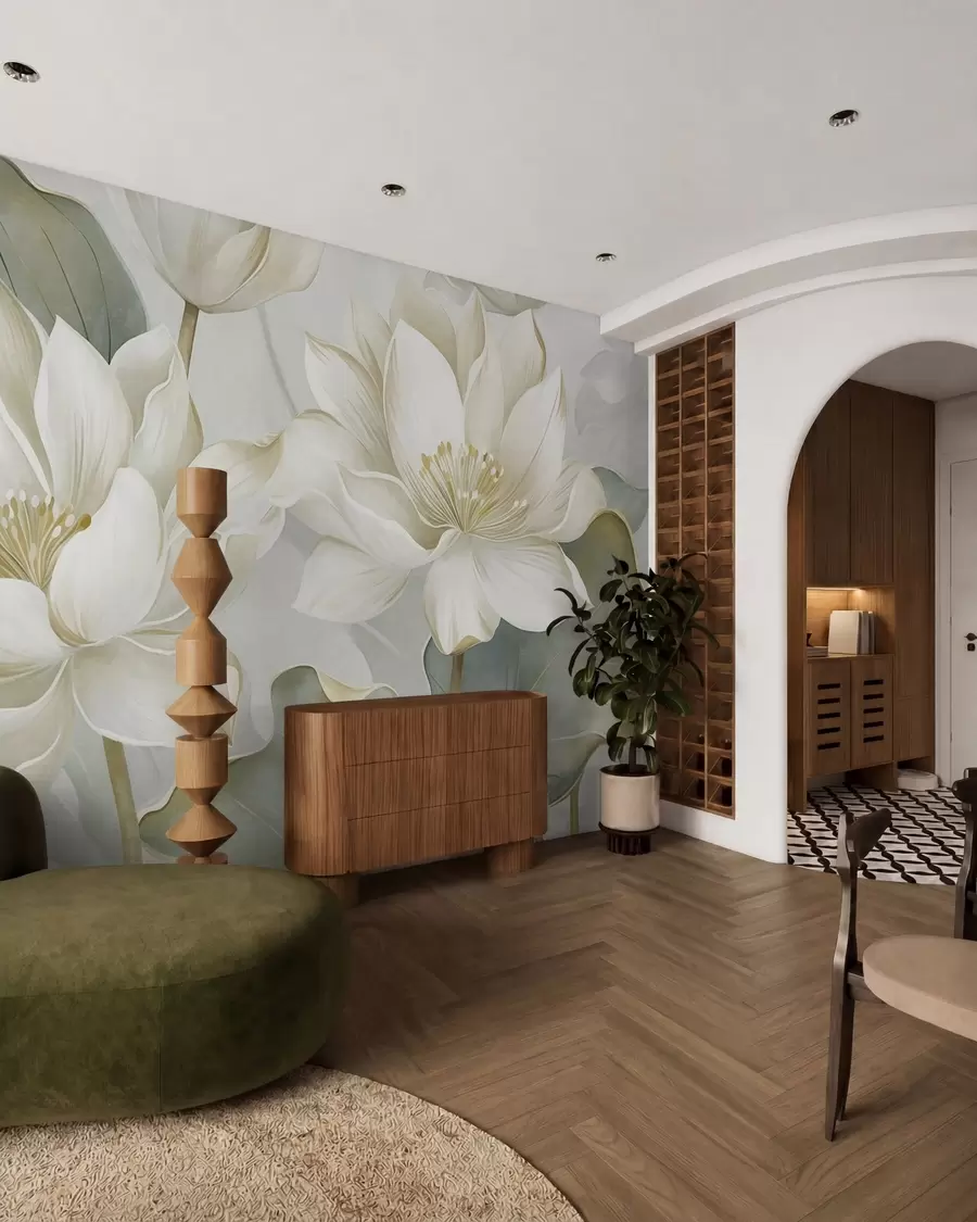 fototapet Flori de lotus cu textură, cu petale delicate și frunze mari, de un verde stins w10027