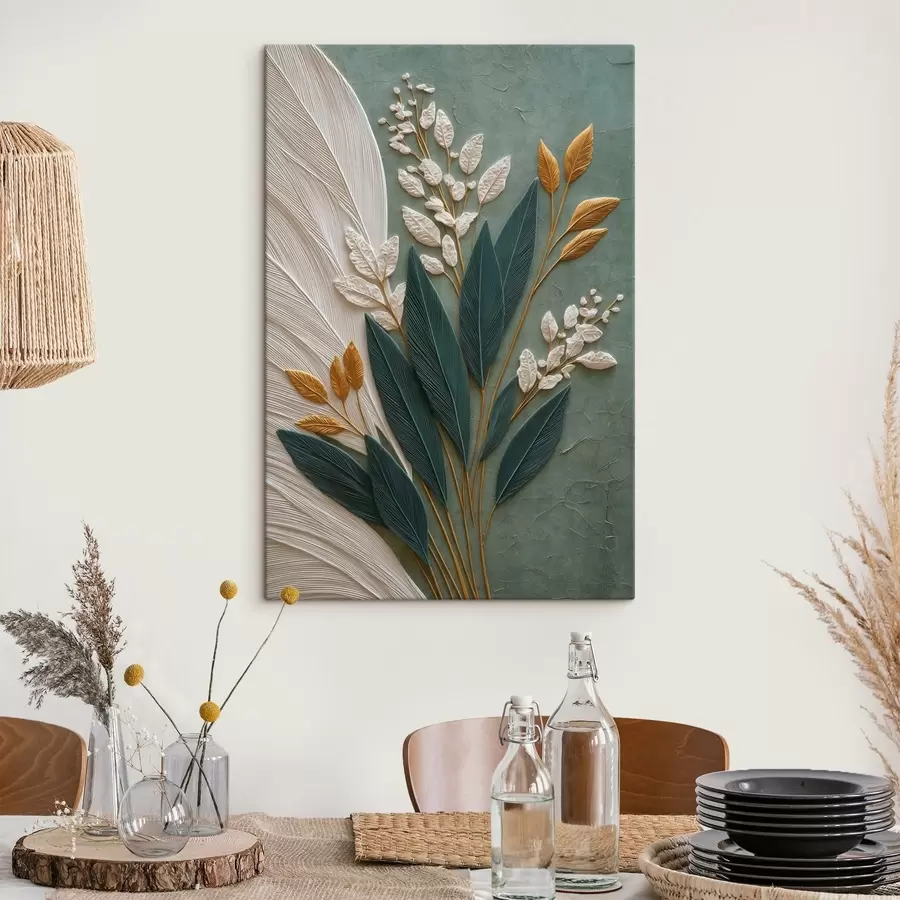 Tablouri Frunze decorative pe un fundal verde cu nuanțe delicate s50446