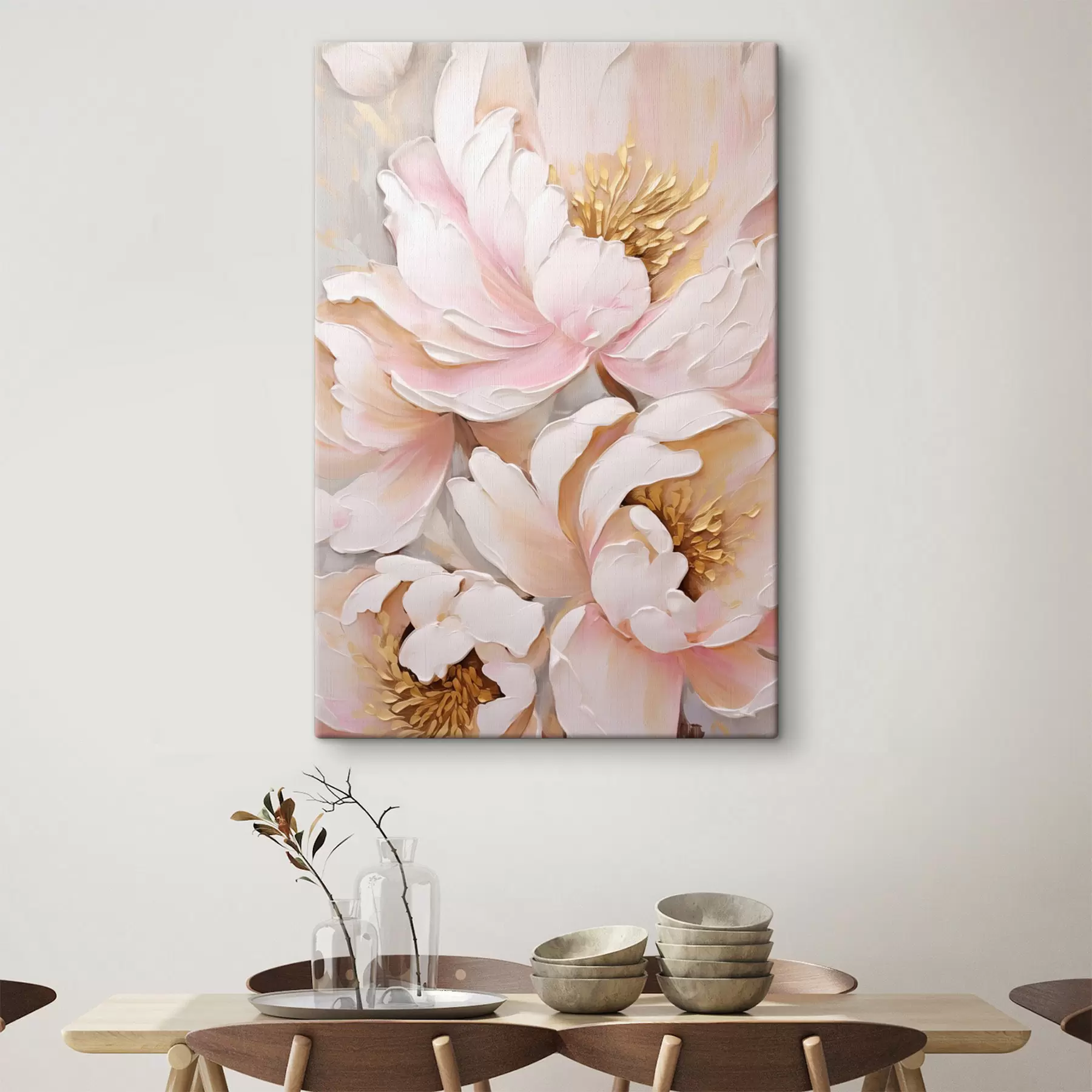 Tablouri Bujori roz deschis, în stilul pensulelor texturate, fundal abstract s50629