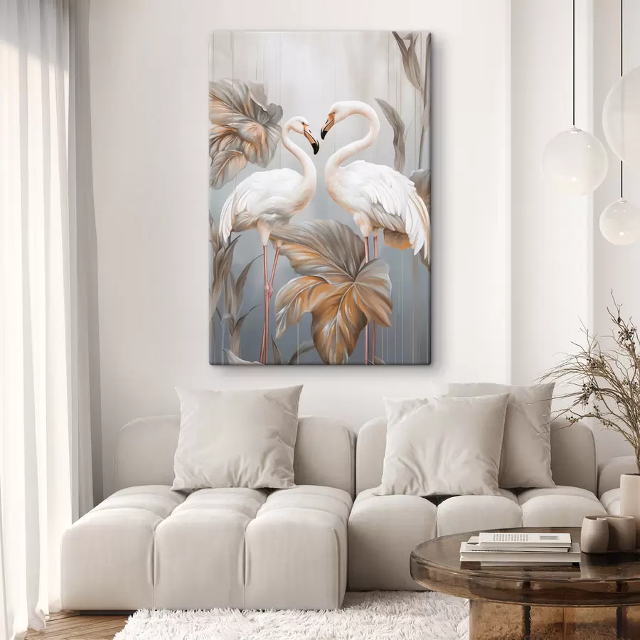 Tablouri Flamingo cu frunze tropicale, în culori pastelate s50639