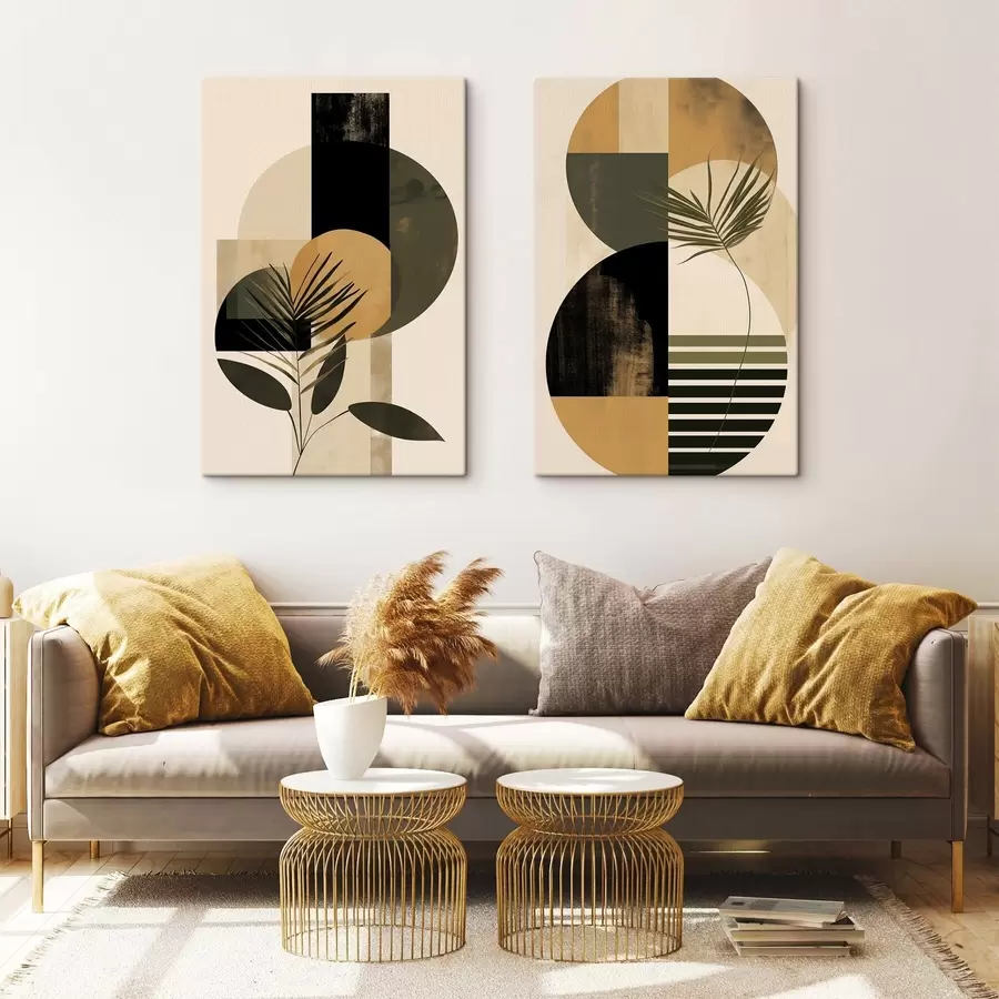 Tablouri Compoziție abstractă cu forme geometrice și frunze tropicale, cu textură m30965