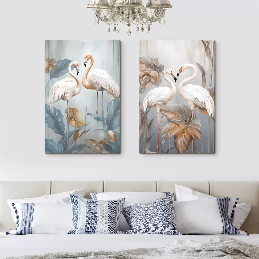 Tablouri Flamingo cu frunze tropicale, în culori pastelate m30968