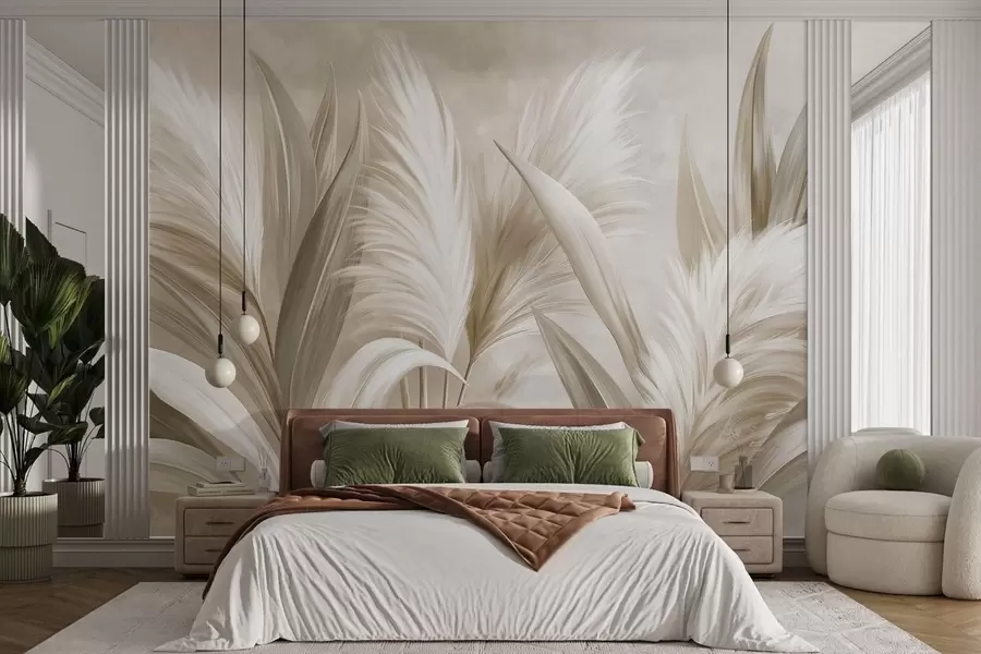 fototapet Frunze decorative de culoare pală și flori pufoase w05863