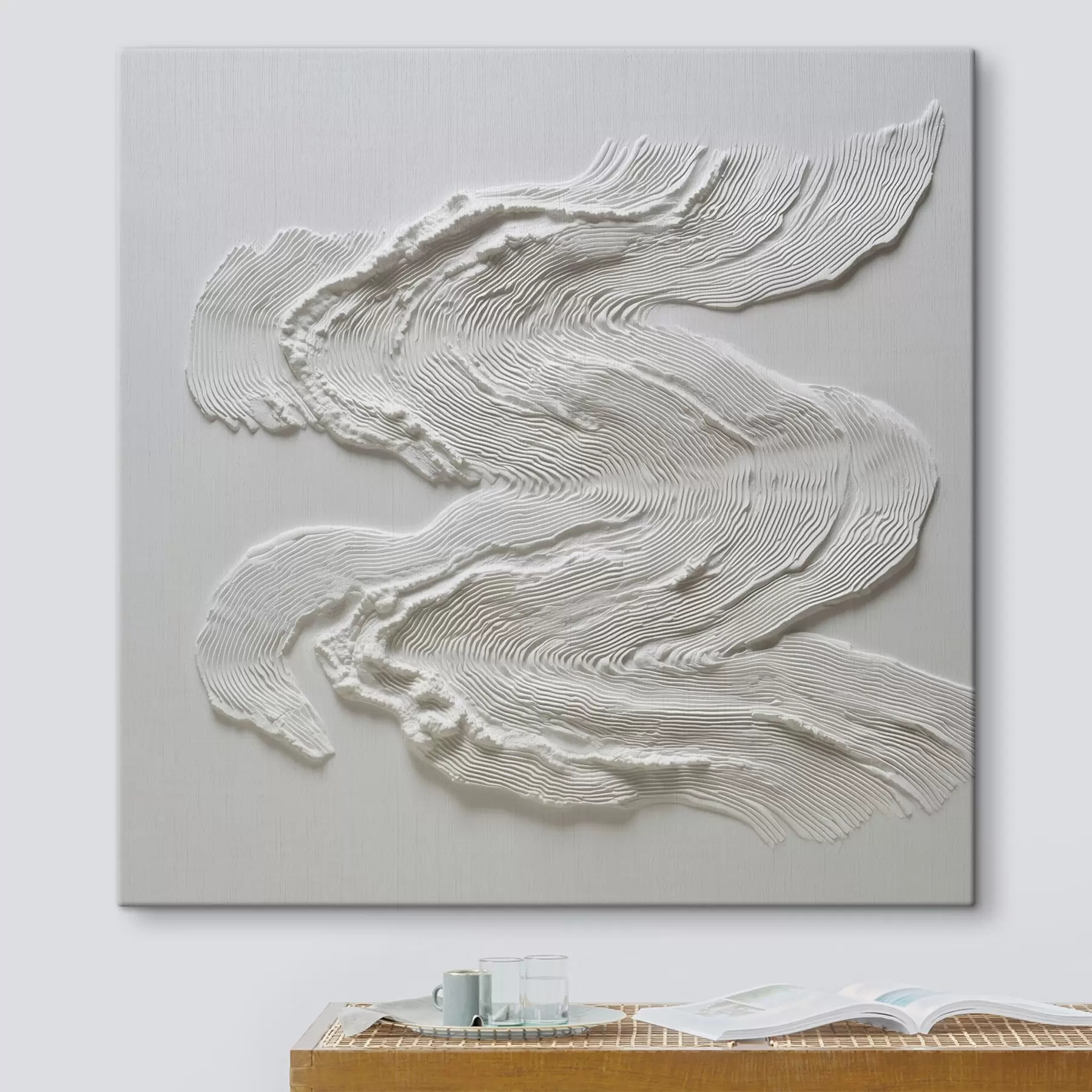 Tablouri O abstracție ondulată, tridimensională, cu o textură liniară expresivă, în alb monocromatic s50007