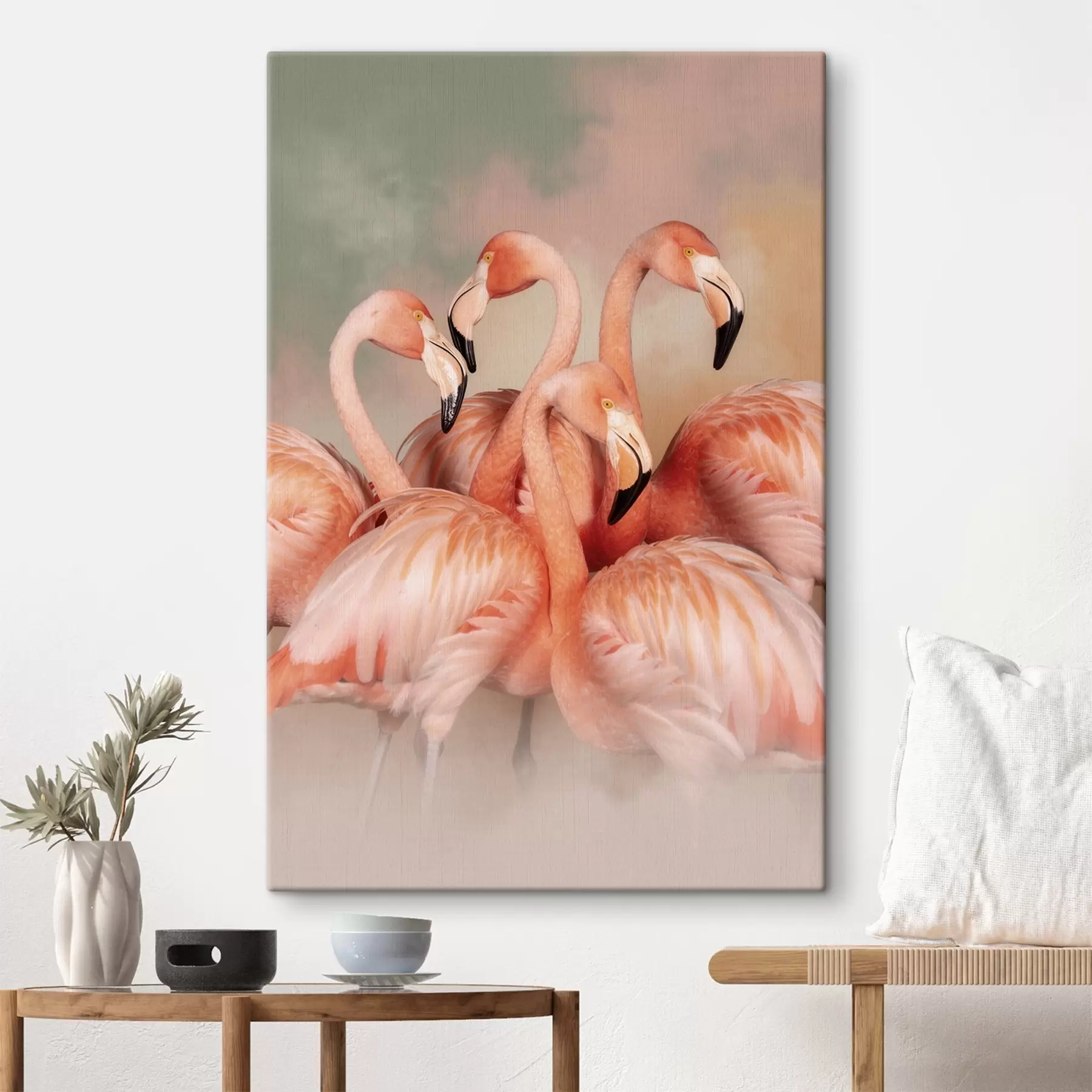Tablouri Flamingo roz într-o ceață de nuanțe pastelate: o compoziție decorativă s50009