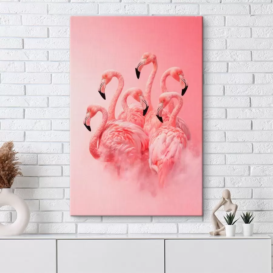 Tablouri Flamingo roz în mijlocul unei ceați ușoare: o scenă decorativă în nuanțe delicate s50010
