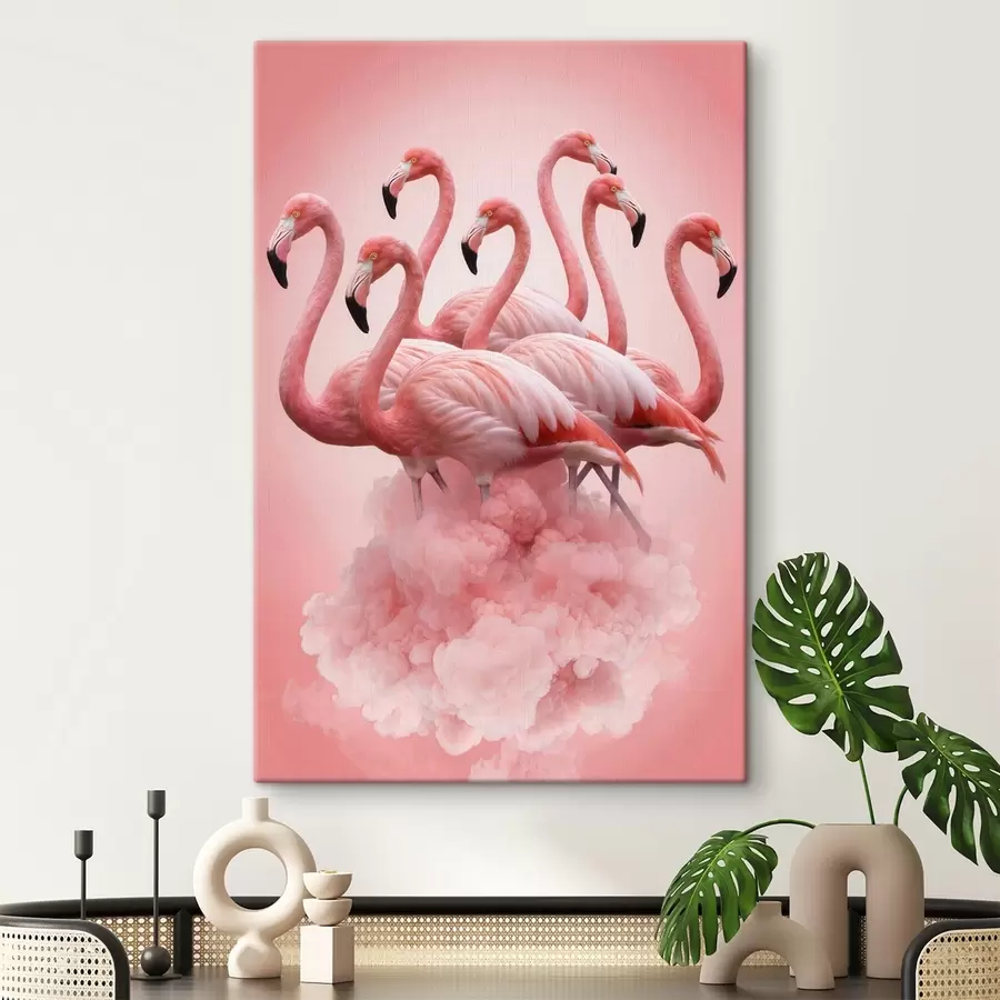 Tablouri O compoziție cu flamingo grațioși deasupra unui nor roz, într-o paletă de culori pastelate s50011