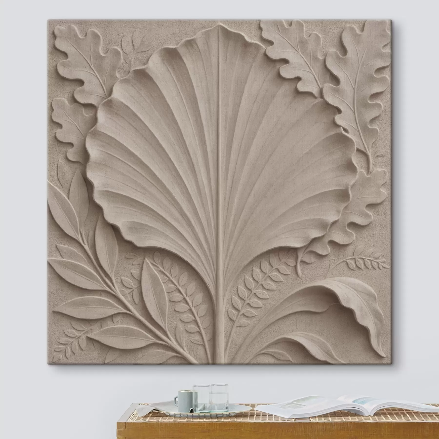 Tablouri Un motiv botanic cu frunze decorative, într-o paletă de culori bej și nisipii s50012