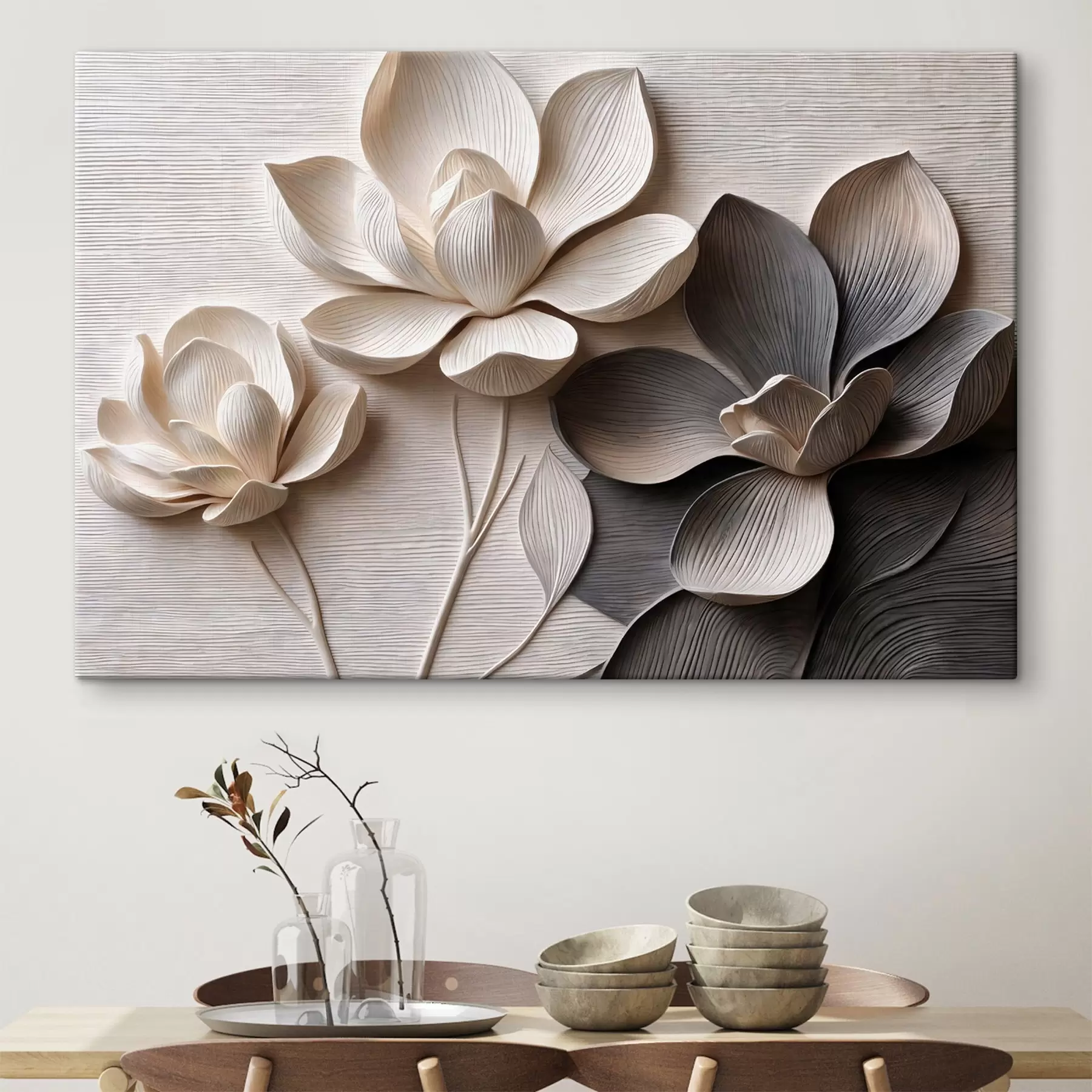 Tablouri Flori decorative în relief, în nuanțe de crem deschis și grafit s50014