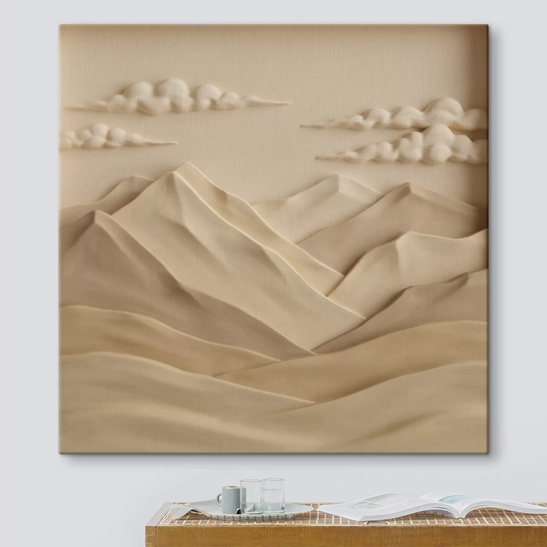Tablouri Un peisaj minimalist cu munți și nori tridimensionali, realizat într-un stil contemporan de relief s50019