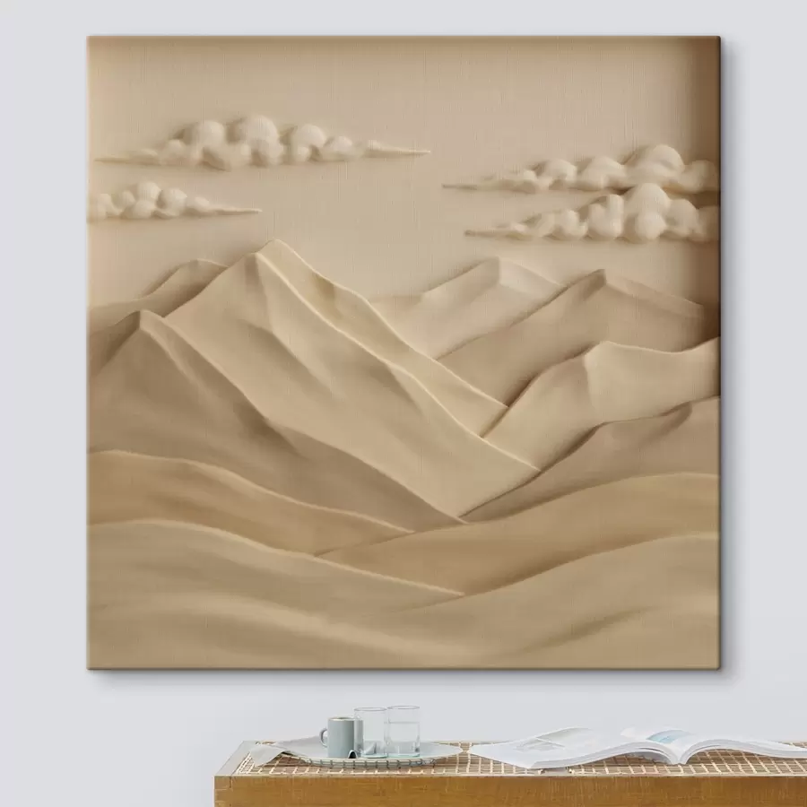 Tablouri Un peisaj minimalist cu munți și nori tridimensionali, realizat într-un stil contemporan de relief s50019