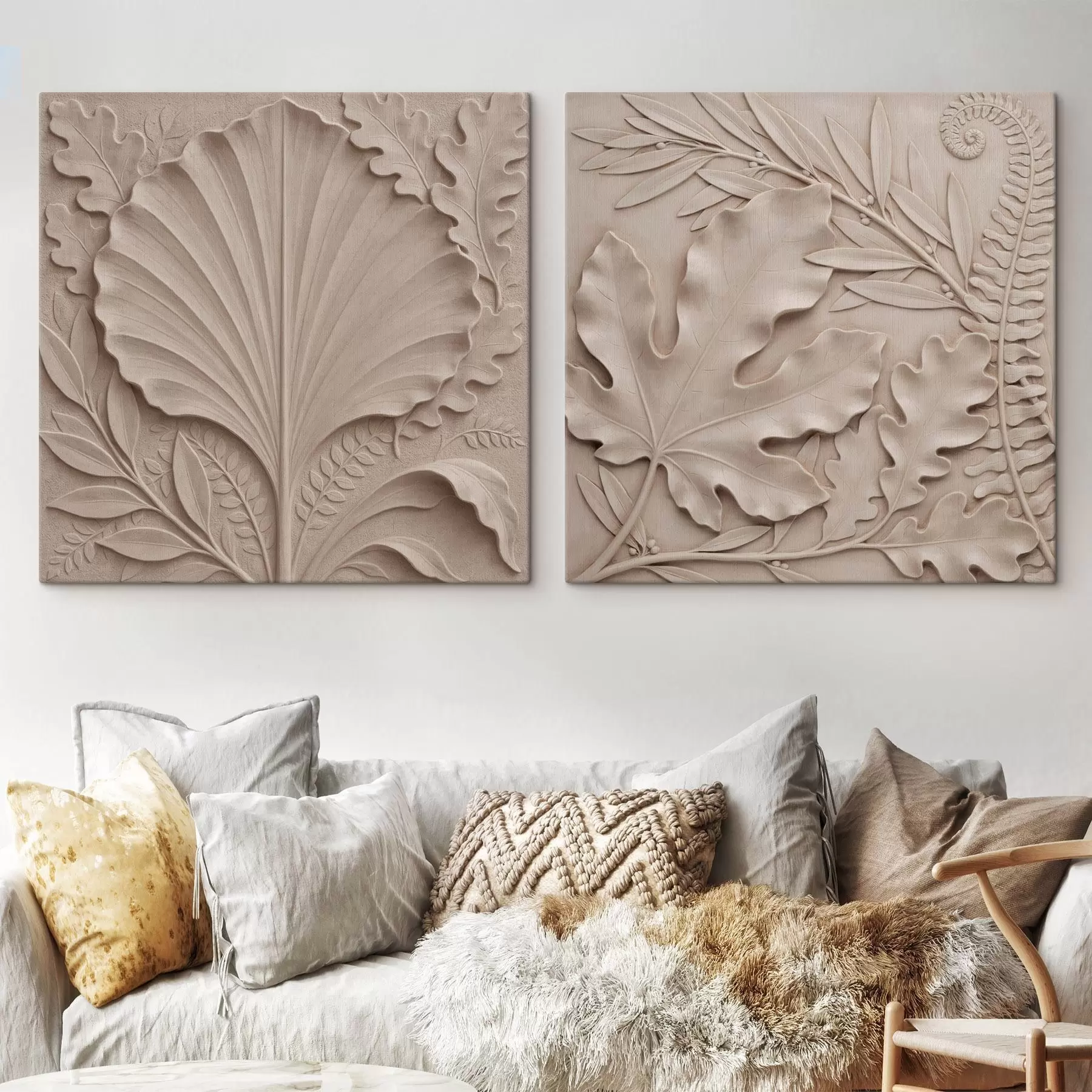 Tablouri Un diptic botanic tridimensional, cu frunze în relief texturate, într-o paletă de culori bej și nisipii m30762