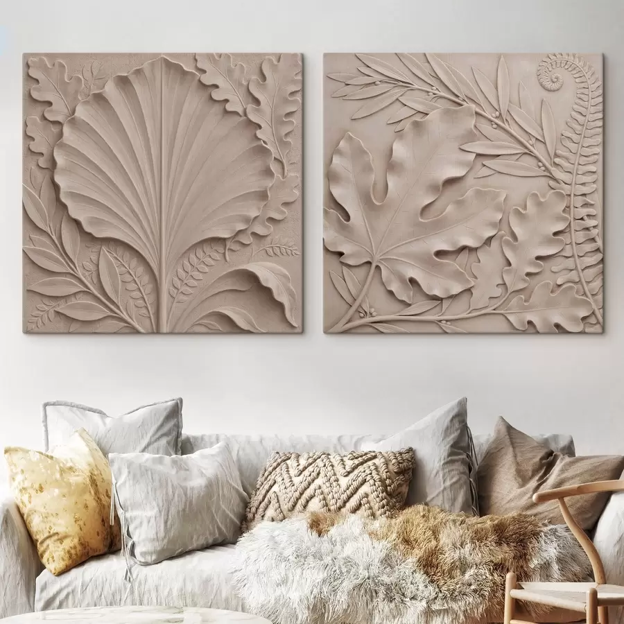 Tablouri Un diptic botanic tridimensional, cu frunze în relief texturate, într-o paletă de culori bej și nisipii m30762